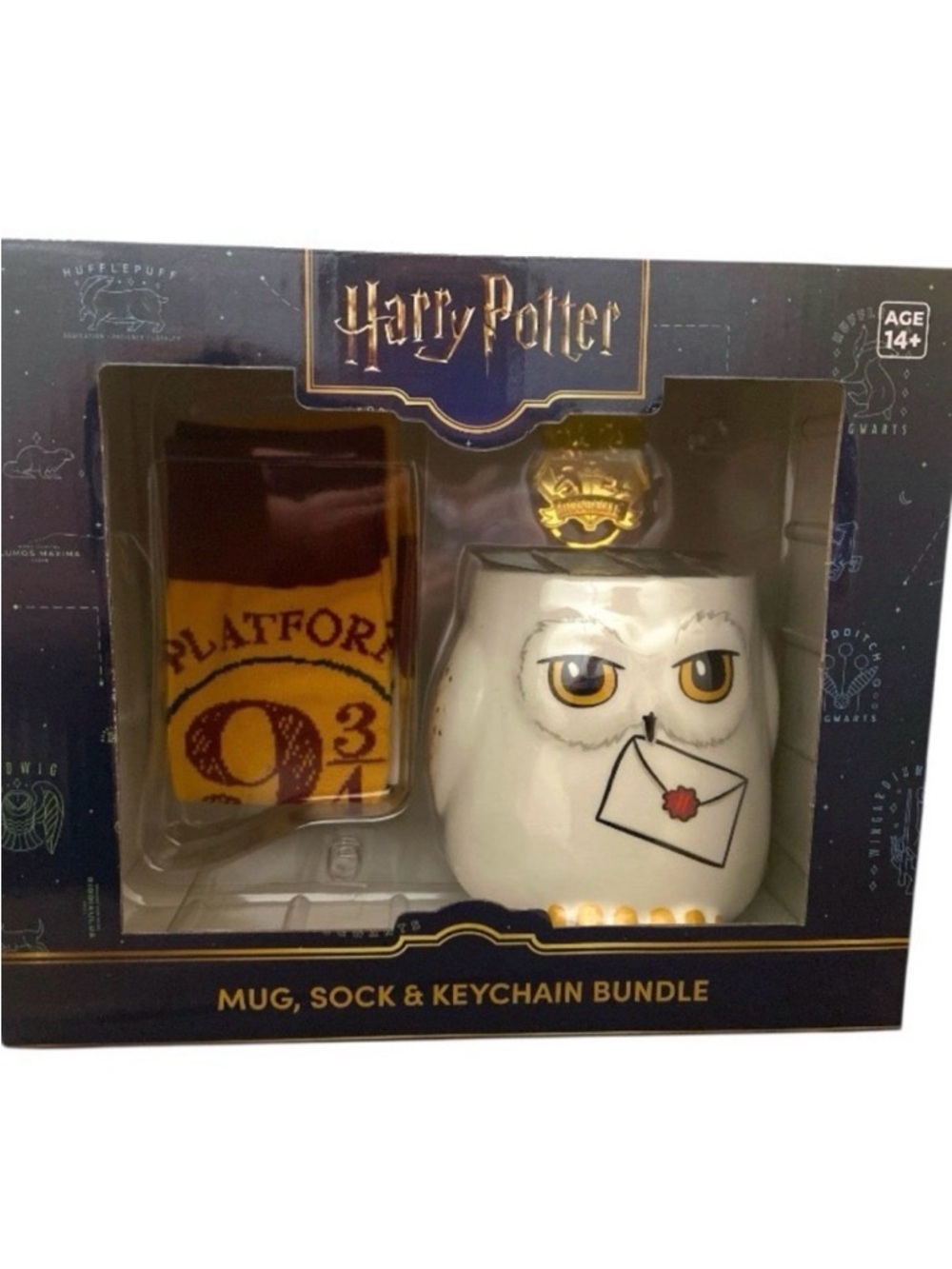 Harry Potter Owl Mug Platform 9 3/4 Socks Gold Keychain Gift Set Birthday Xmas